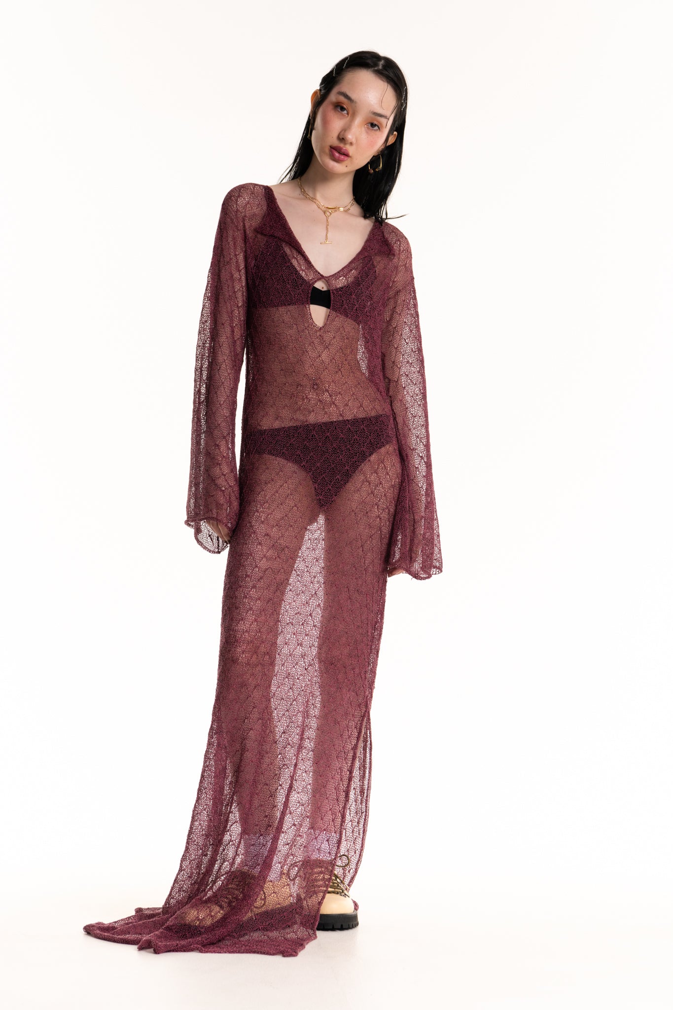 Tuck-Lace Sheer Knit Gown - heyzoemay